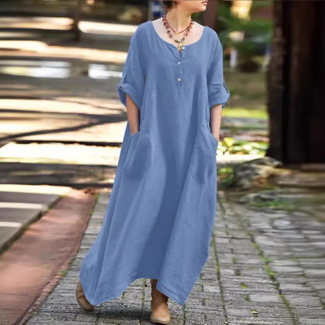 Women's Casual Loose Long Sleeve Pocket Party Cotton Linen Dress