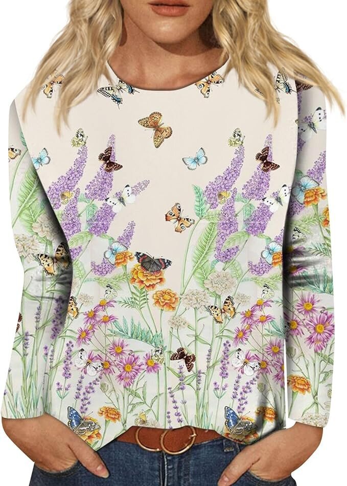 Women's Round Neck Long Sleeve Loose Print Tops