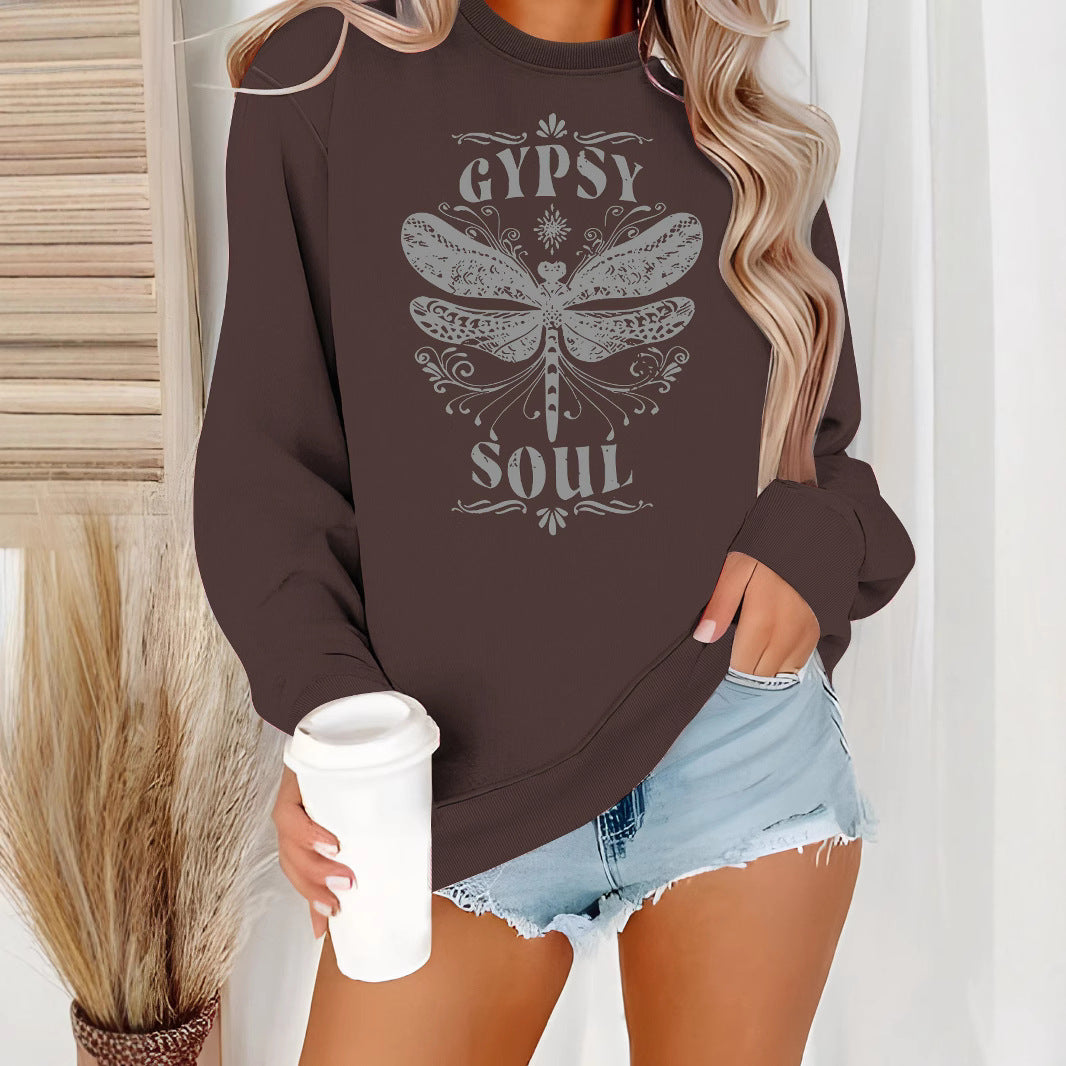 Women's Fashion Base Long-sleeved Dragonfly Round Neck Design Sweaters