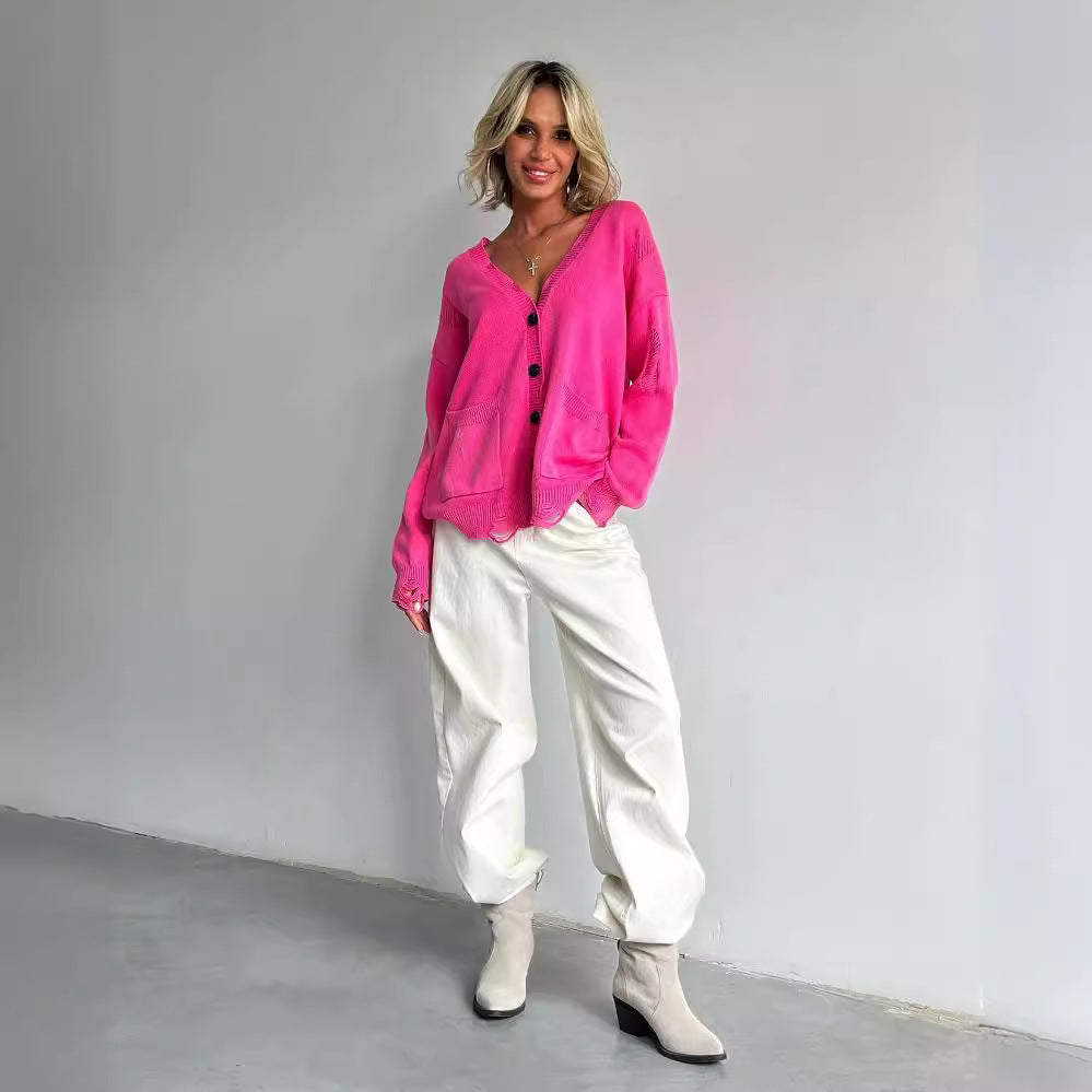 Women's Retro Make Old Ripped Long Sleeve Sweaters