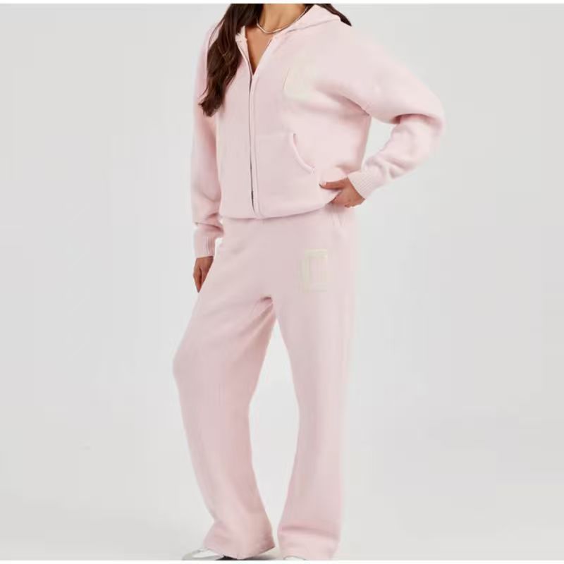 Solid Color Knitted Hooded Loose Trousers Suits