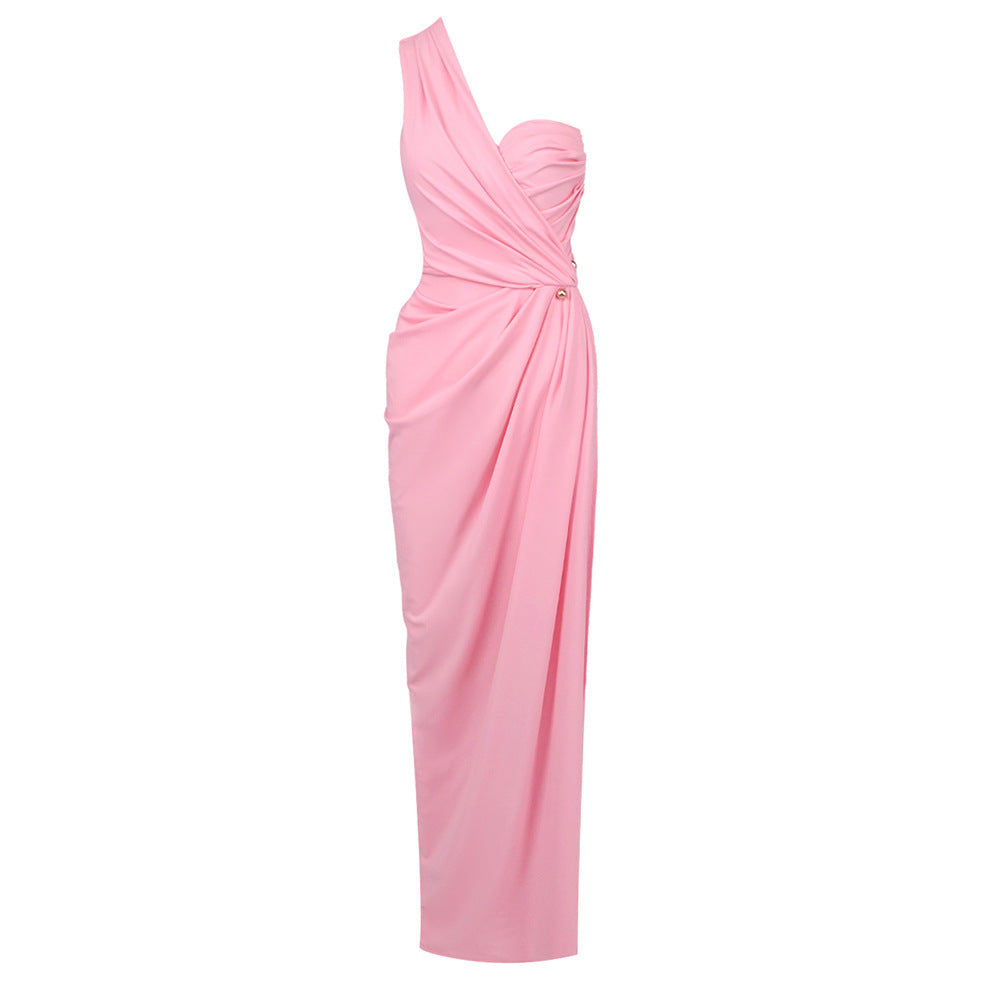 Women's Sexy Diagonal Collar Pleated Dinner Dress Dresses