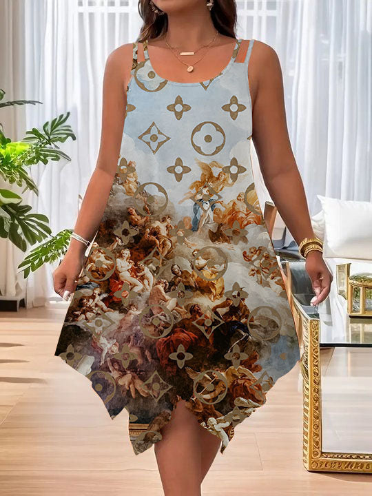 Women's Strap Summer Casual Asymmetric Hem Round Dress