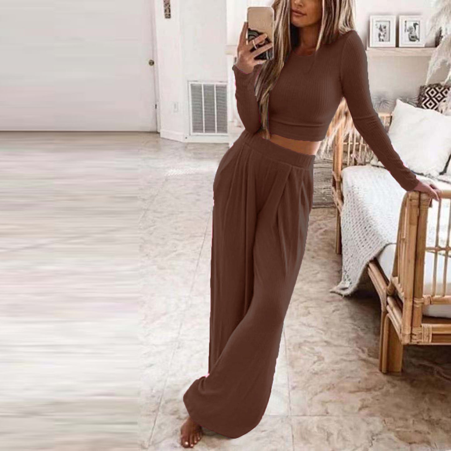 Women's Solid Color Knit Home Two-piece For Fashion Casual Suit