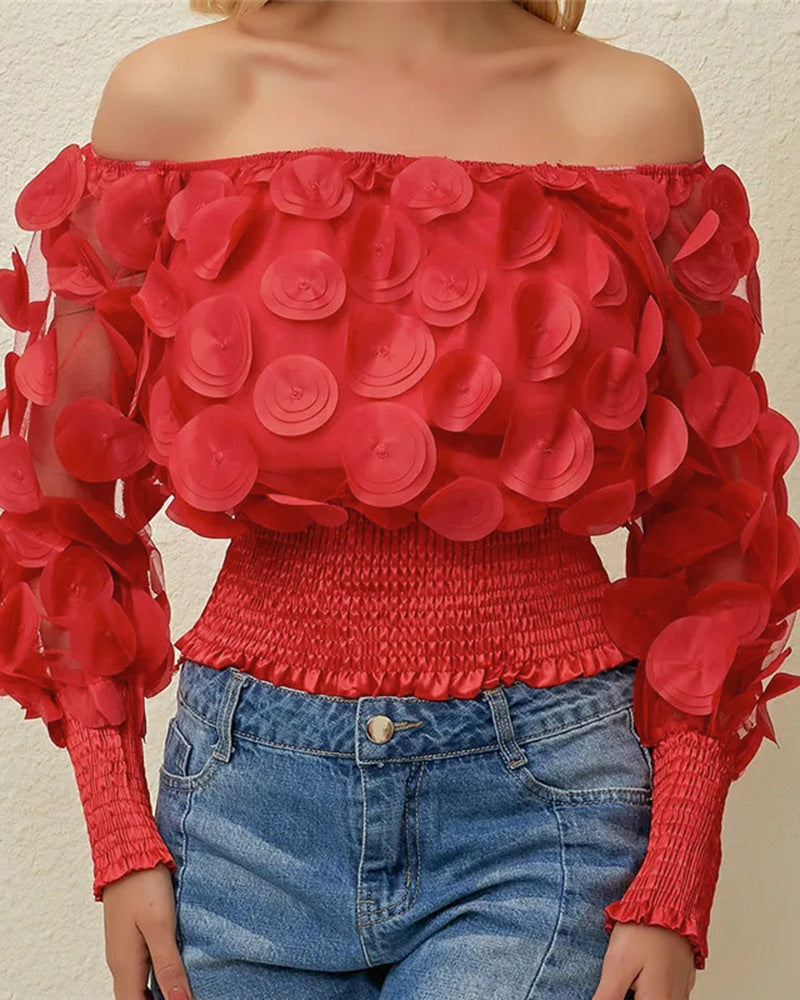 Women's Fashion Black Mesh Three-dimensional Flower Puff Jumpsuits