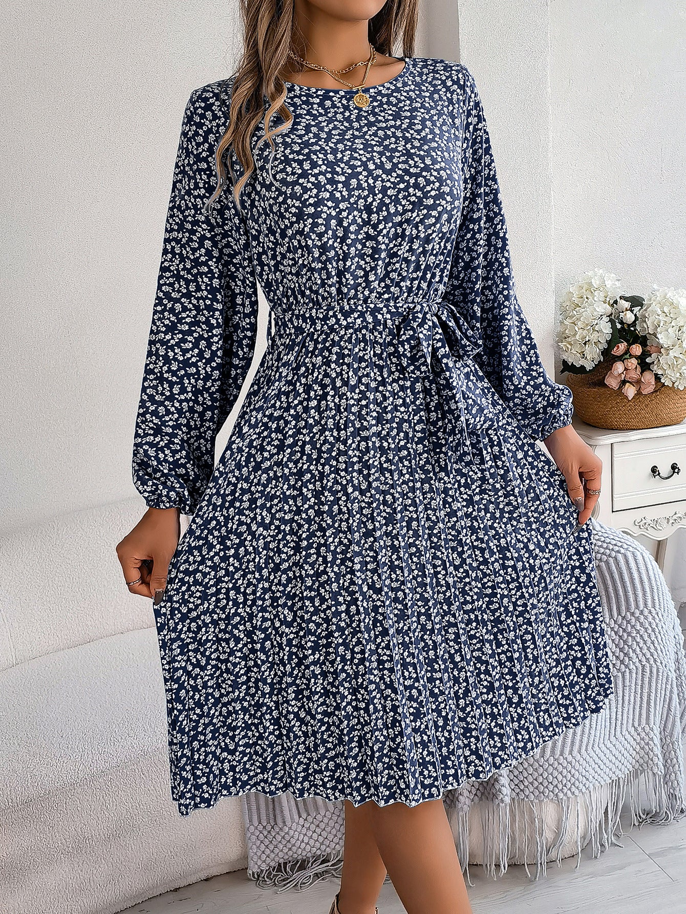 Women's Casual Long-sleeved Floral Print Pleated Dress