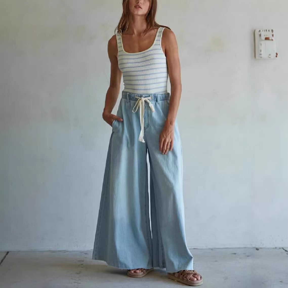 Women's Drawstring Elastic Waist Wide Leg Trousers Women's Jeans