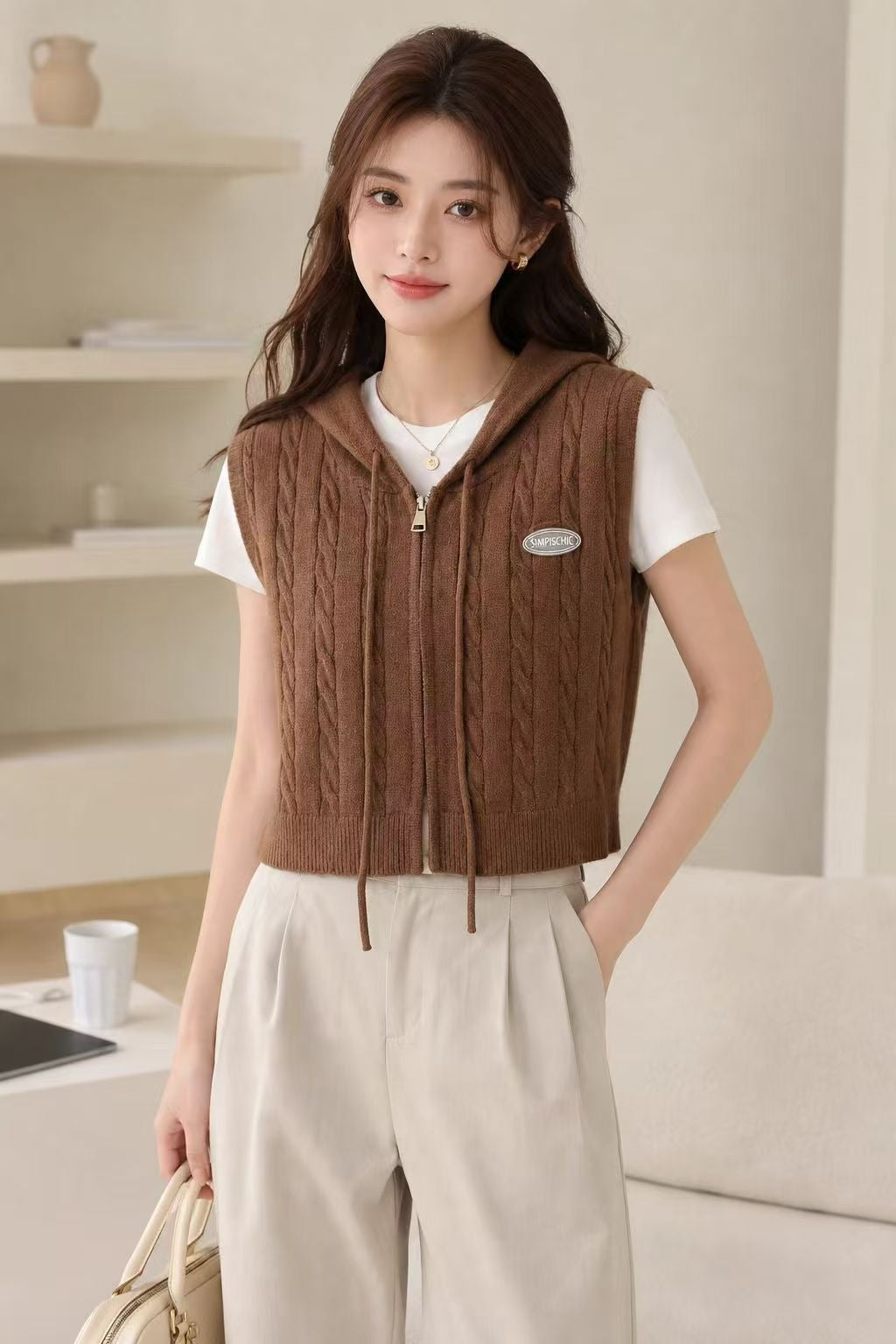Women's Hooded Twist Waistcoat Outer Wear Loose Cardigans