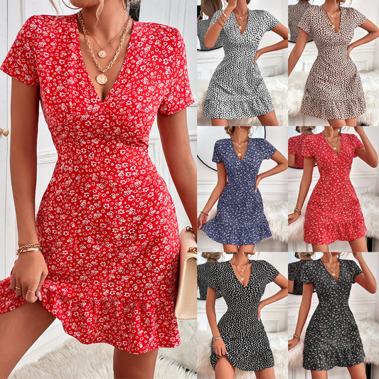 Women's Summer Sexy Deep Dotted Floral Elegant Dress