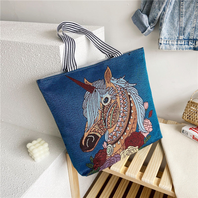 Fashionable Ethnic Style Shopping Cartoon Linen Shoulder Bags