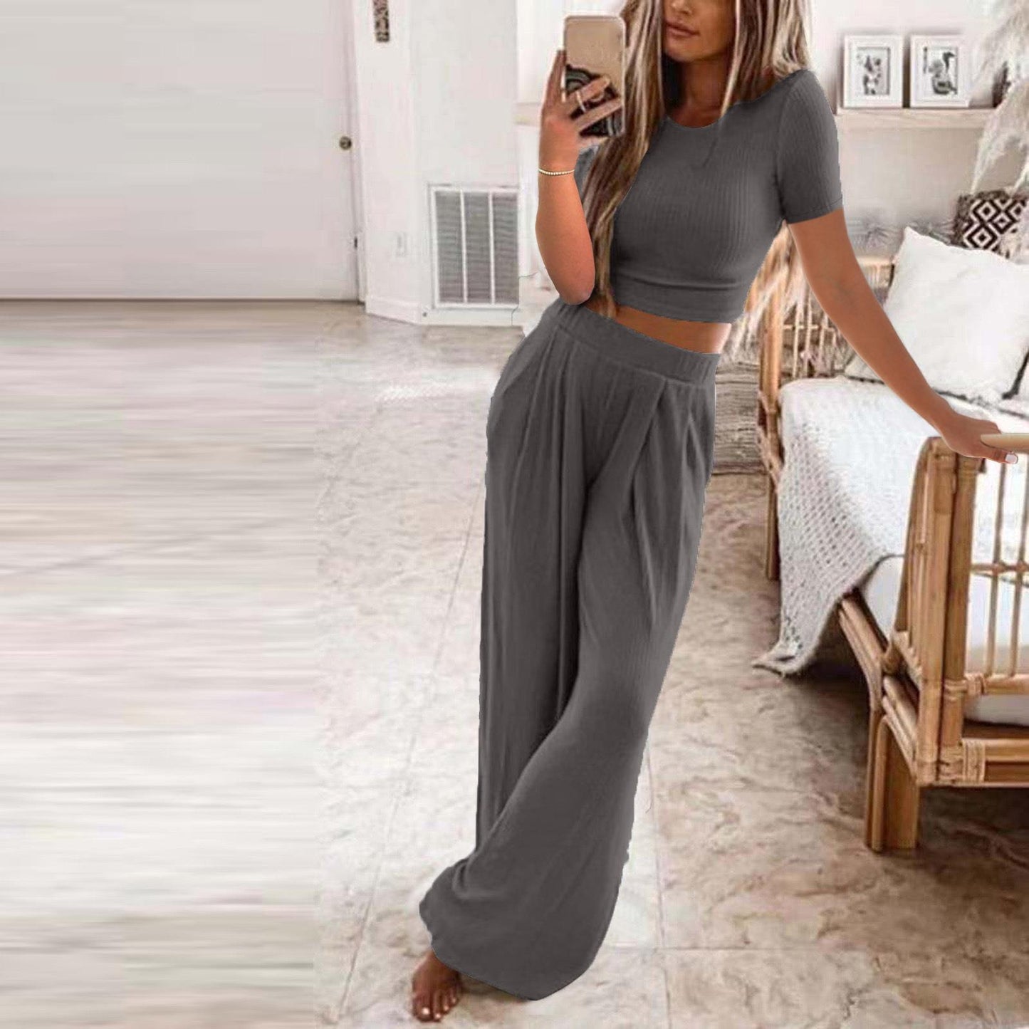 Women's Sleeve Solid Color Knit Home Two-piece Suits