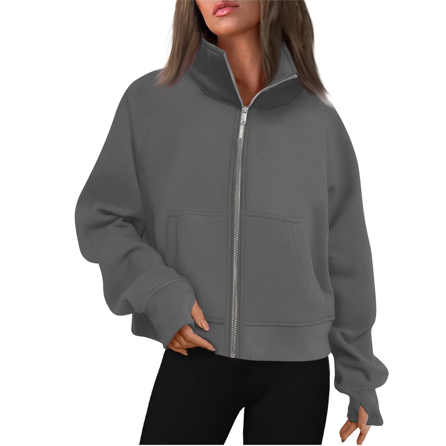 Women's Long Zipper Stand Collar Thumb Hole Brushed Women's Sweater, Sweater