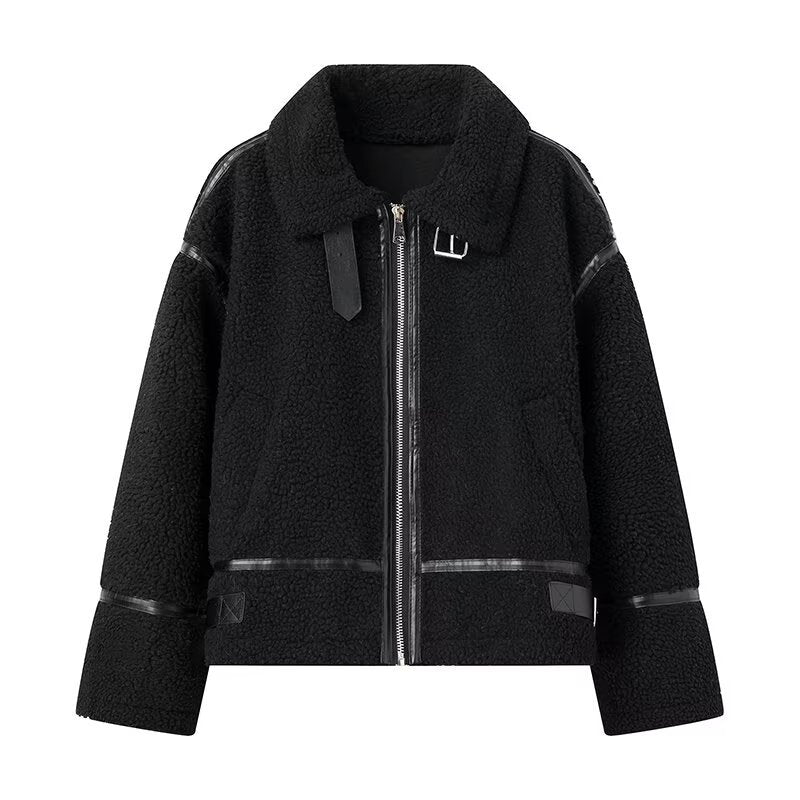Women's Lapel Contrast Color Lamb Wool Zipper Jackets