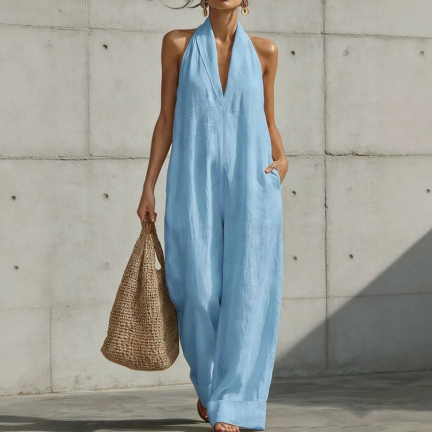 Cotton Linen Simplicity Elegant Sleeveless Casual Jumpsuits