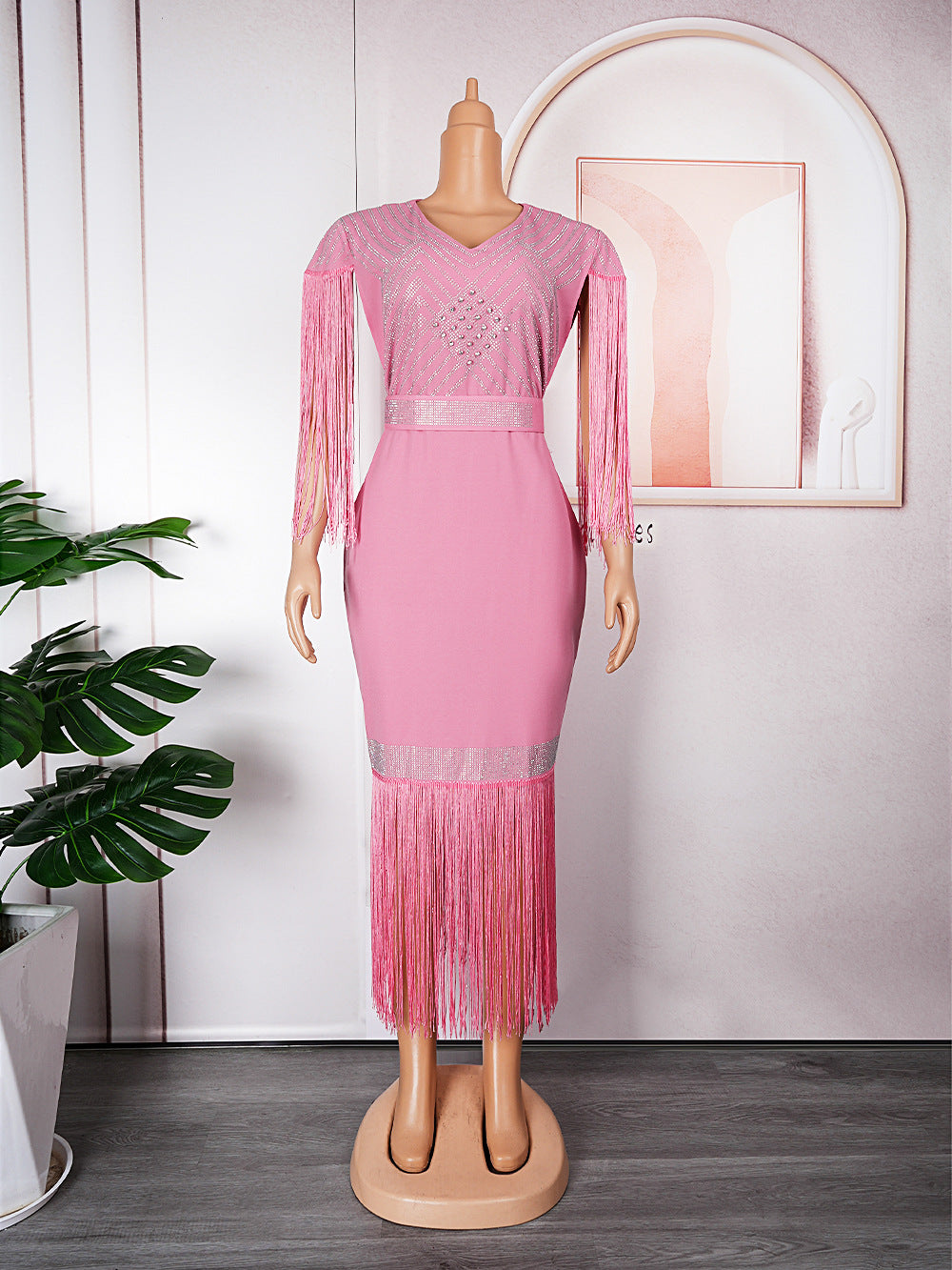 Women's Fat Clothes African Rhinestone Tassel Dress Dresses