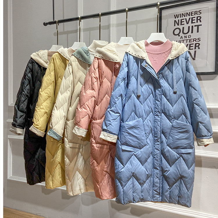 Women's Mid-length Lightweight Down Fashionable Knitted Hooded Korean Jackets