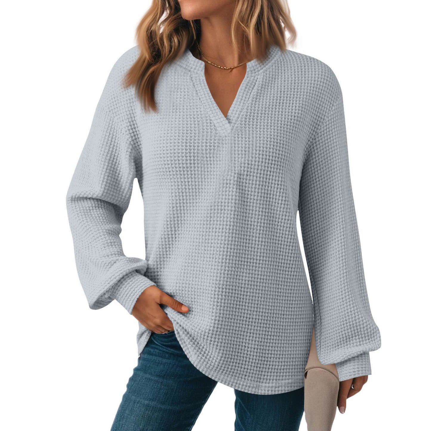 Women's Solid Color Waffle Loose Long Sleeve Women's Sweater, Sweater