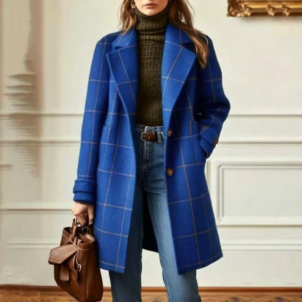 Women's Plaid Casual Temperament Mid-length Turn-down Collar Coats