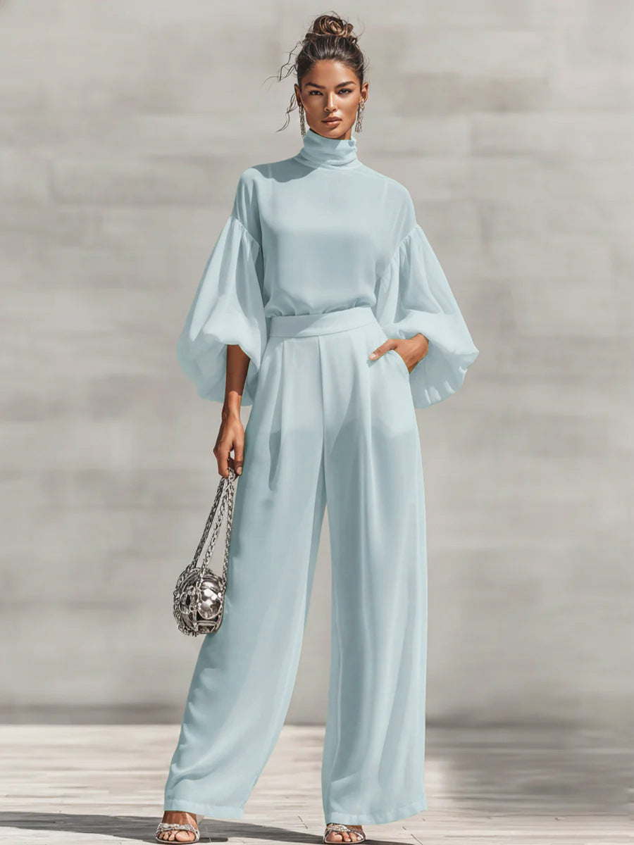 Color Stand Collar Bubble Long Sleeve High Waist Draping Wide Fashion Casual Suit