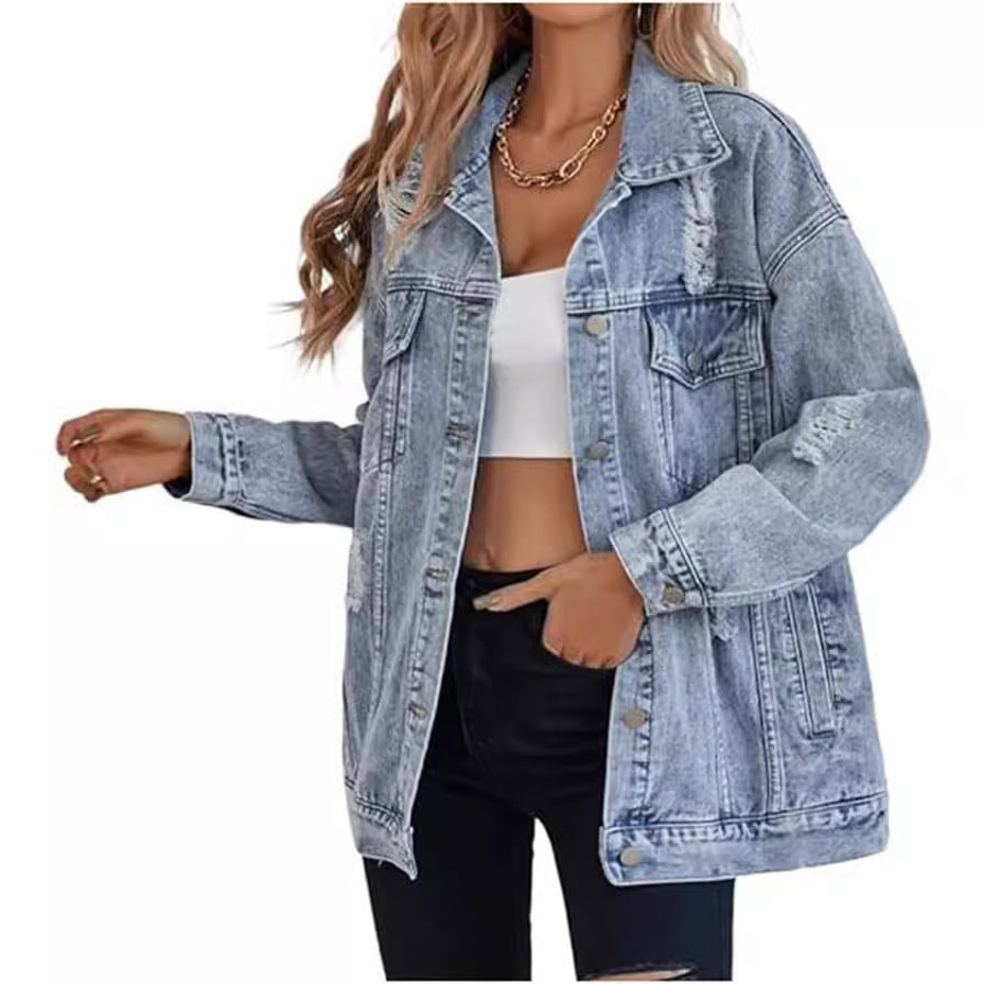 Lady's Denim Fashion Boyfriend Ripped Distressed Jackets