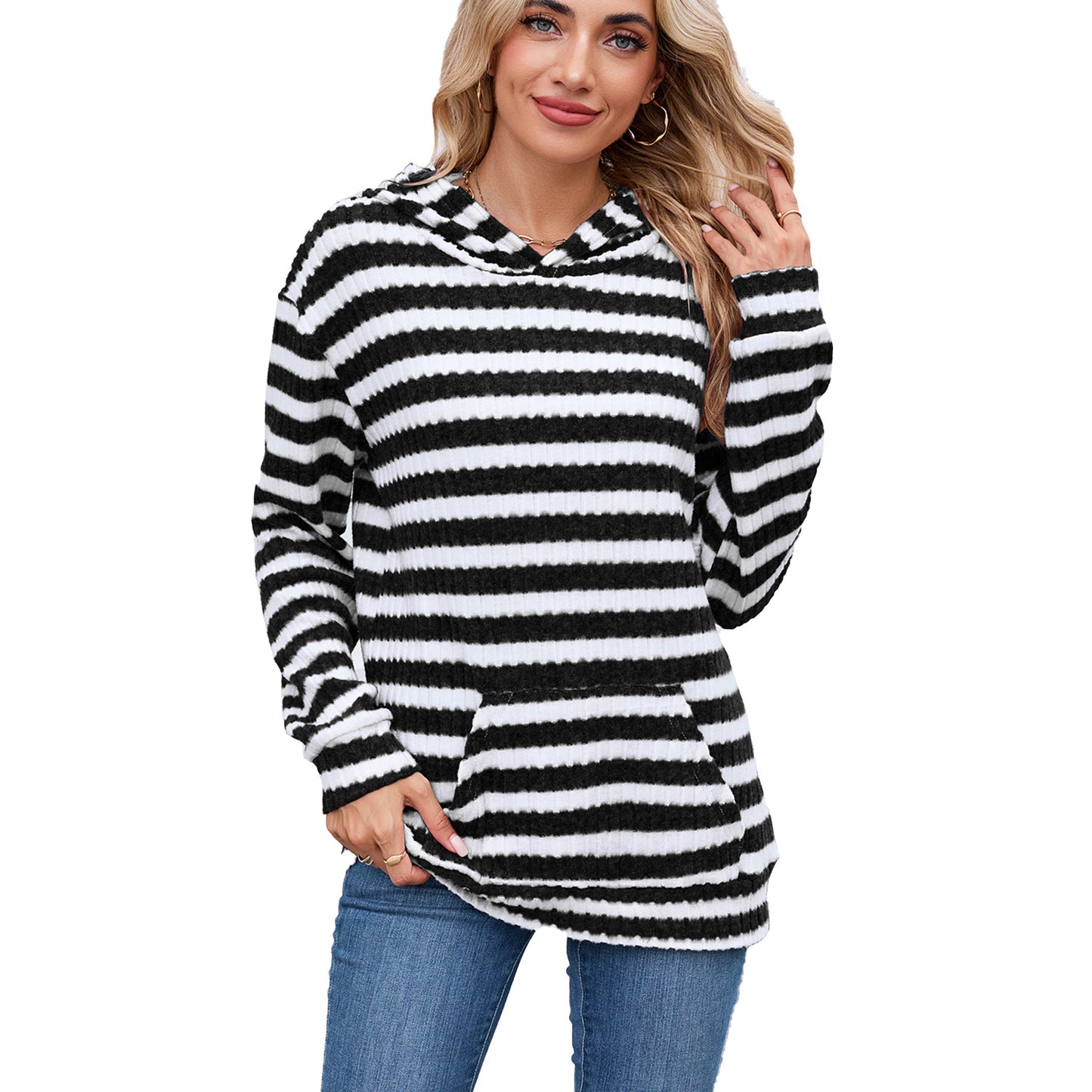 Women's Striped Hooded Pocket Loose Long Sleeve Women's Sweater, Sweater