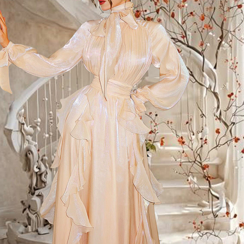 Women's Summer Stand-up Collar Puff Sleeve Pleated Dresses