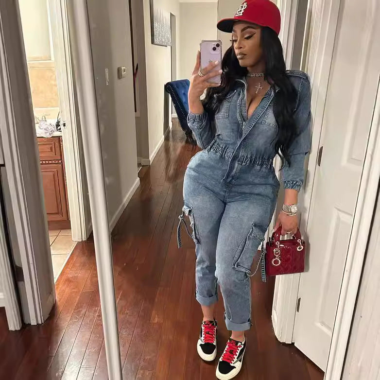 Denim Fashion Wash High Elastic Long Sleeve Jumpsuits