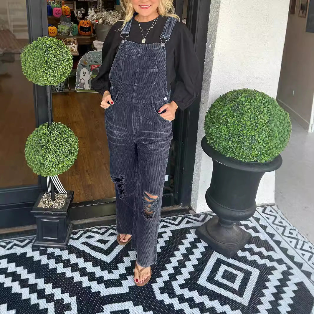Women's Versatile Corduroy Button Pocket Ripped Suits