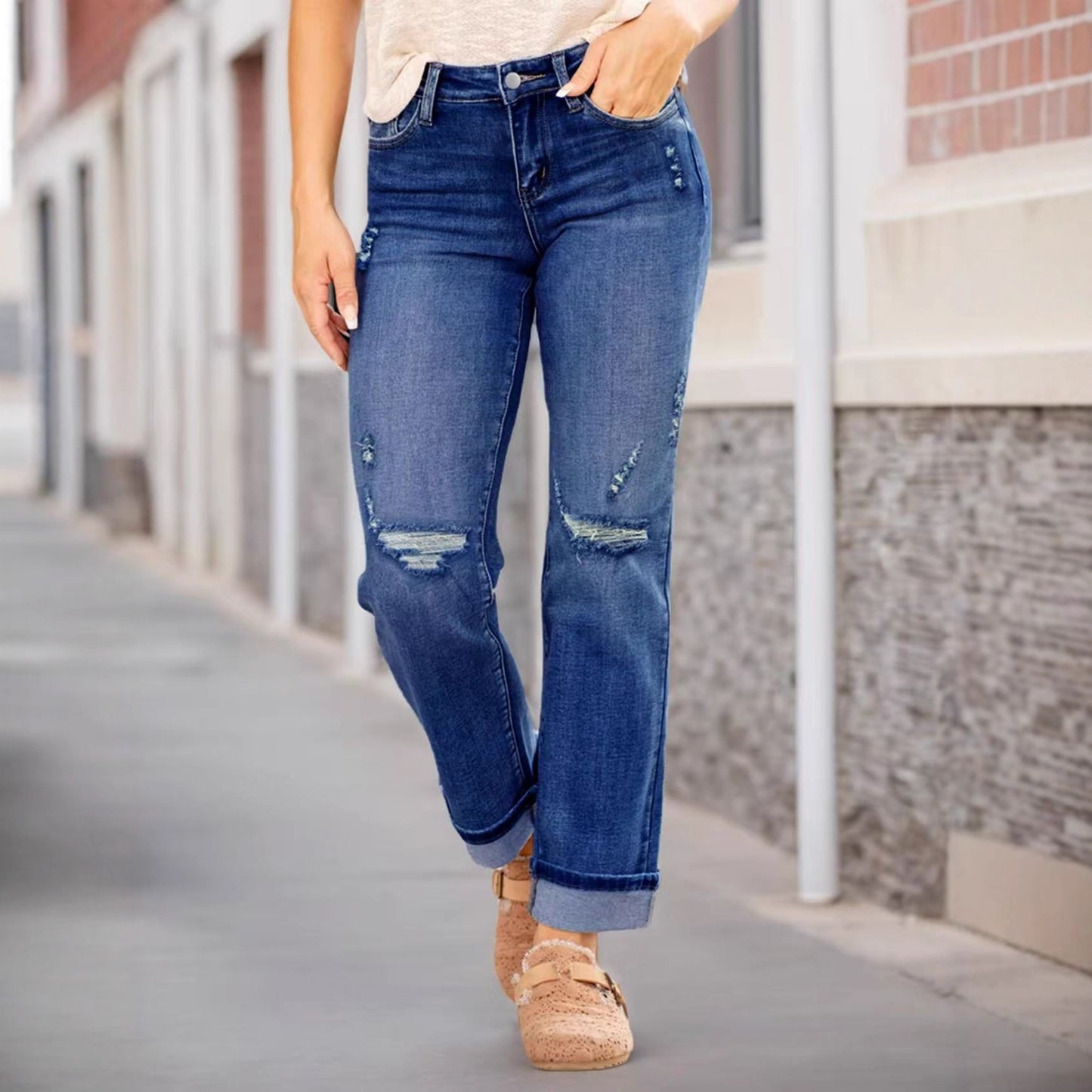 Women's Comfortable Ripped Elastic Straight Denim Trousers Women's Jeans