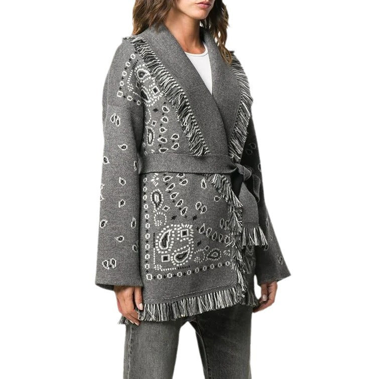Women's Jacquard Thick Knit Loose Mid-length Tassel Sweaters