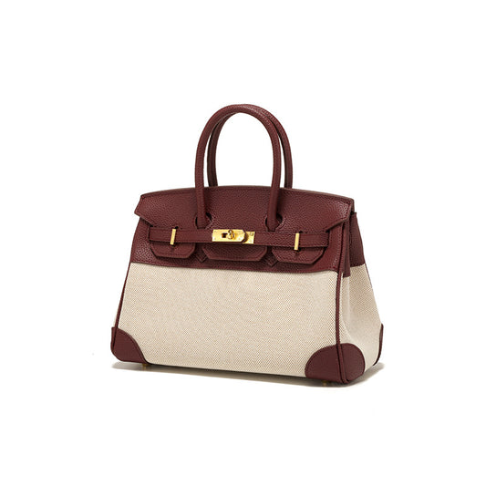 Women's Lychee Pattern Cowhide Canvas Patchwork Contrast Color Handbags