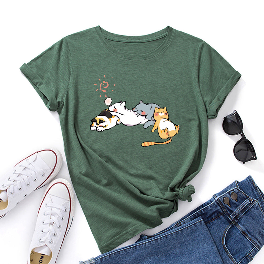 Women's Sleeping Cat Printing Loose Round Neck Sleeve Women's T-shirt