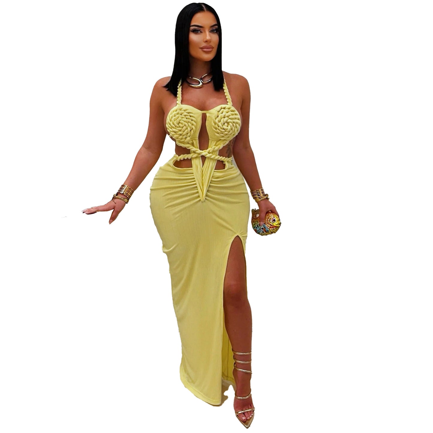 Women's Wear Halter Woven Hollowed Sexy Slit Dresses