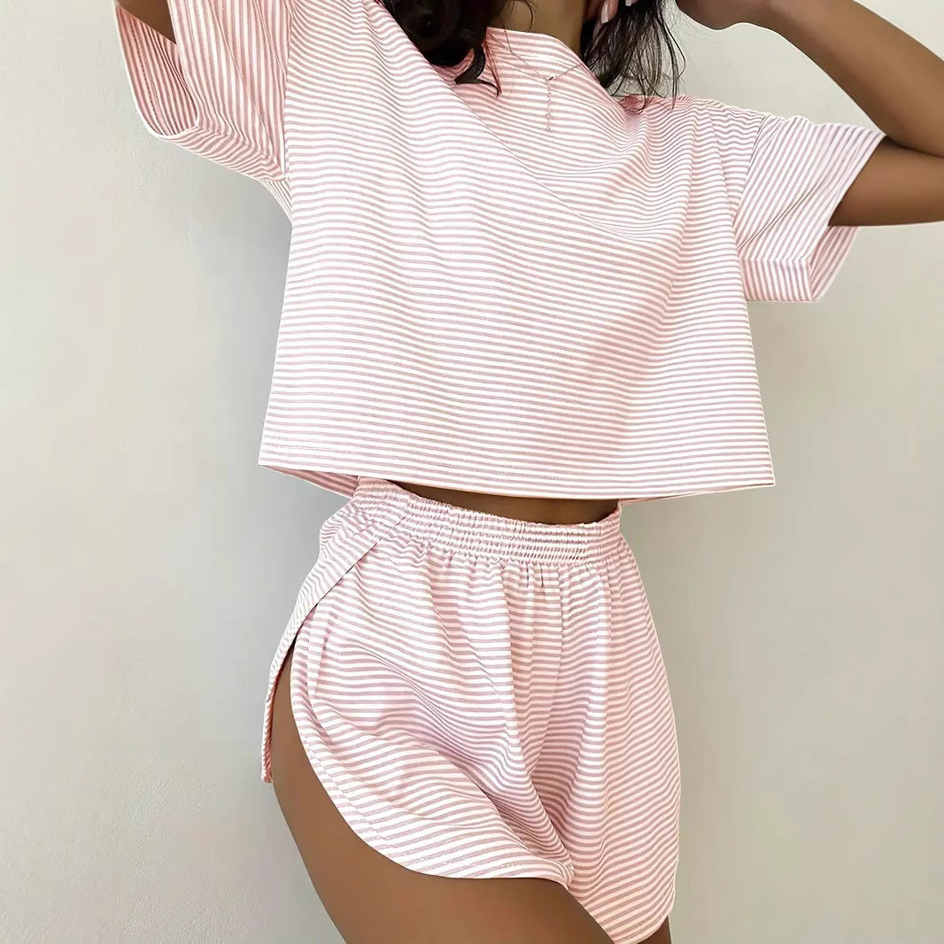 Women's Summer Simple Comfortable Striped Sleeve Elastic Waist Home Wear Two-piece Fashion Casual Suit