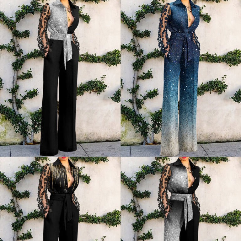 Women's Elegant Sexy Lace Stitching Bell-bottom Jumpsuits