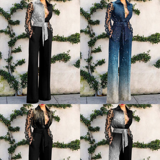 Women's Elegant Sexy Lace Stitching Bell-bottom Jumpsuits