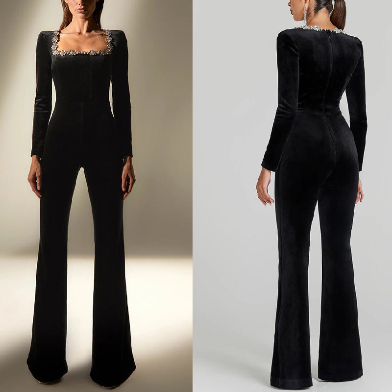 Diamond Veet Square Collar Long Sleeve Jumpsuits