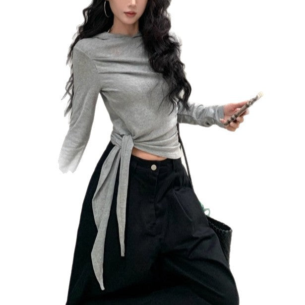 Hot Asymmetric Hooded Long-sleeved T-shirt Slimming Bottoming Blouses