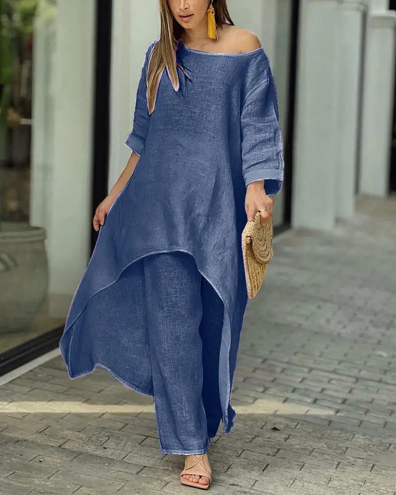 Women's Cotton Linen Irregular Long Sleeve Wide Leg Suits