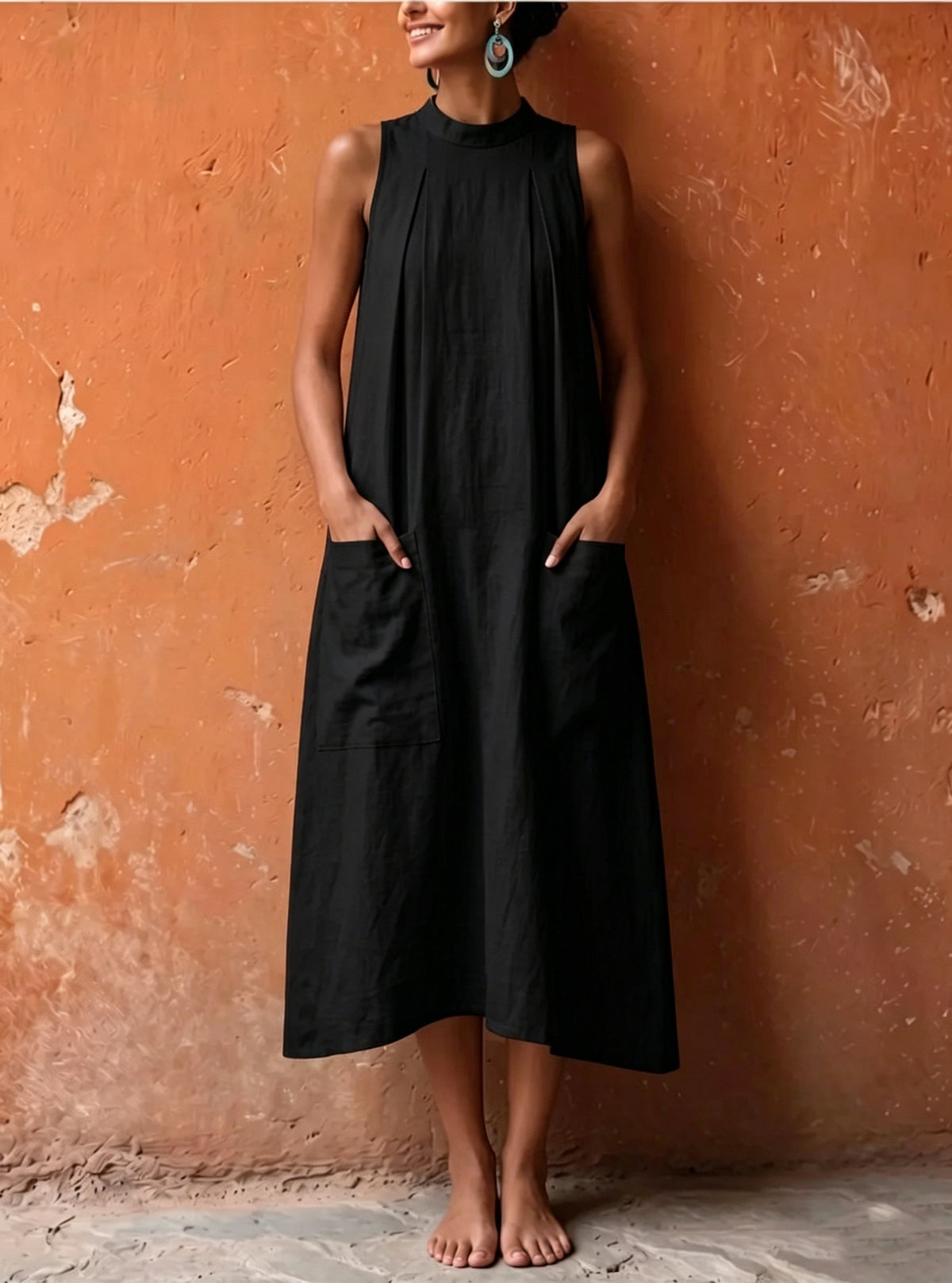 Women's Solid Color Sleeveless Stand Collar Loose With Dress