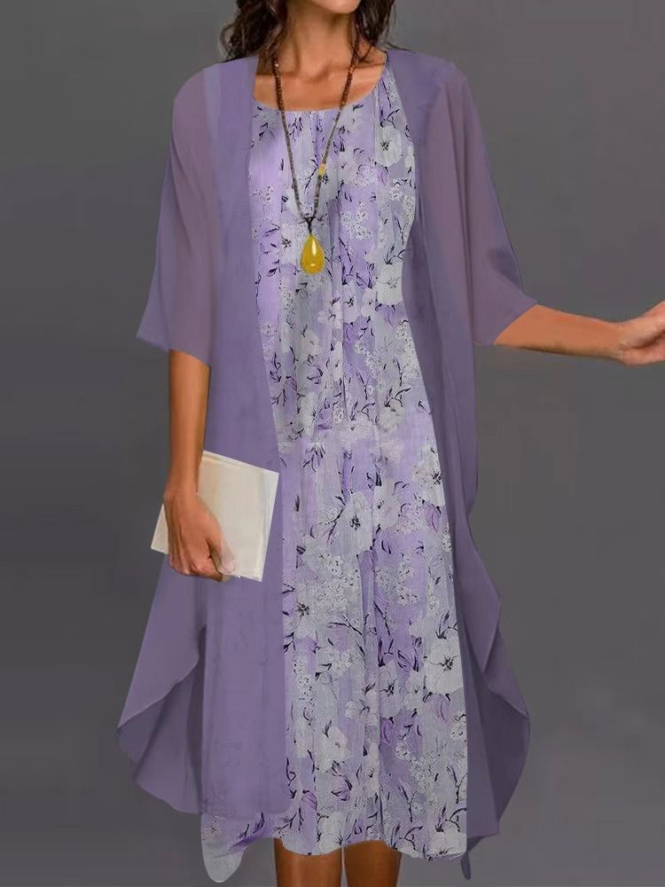 Women's Three-quarter Sleeve Printed Dress Chiffon Loose Waist Temperament Fashion Casual Suit