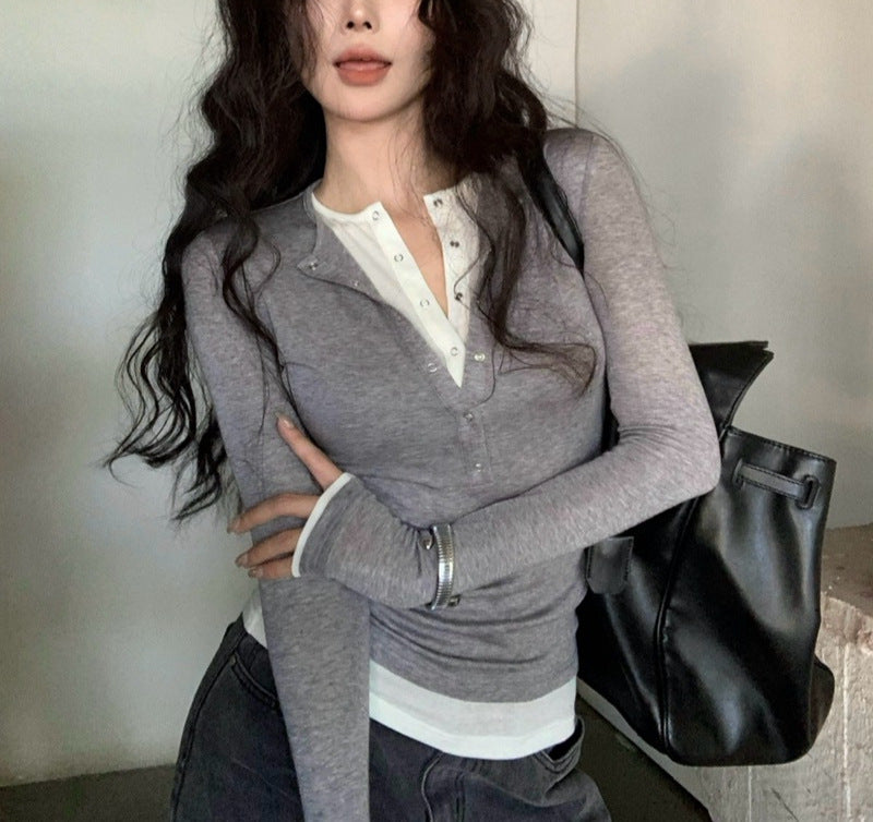Women's Slim Fit Fake Two-piece Long Sleeve T-shirt Blouses