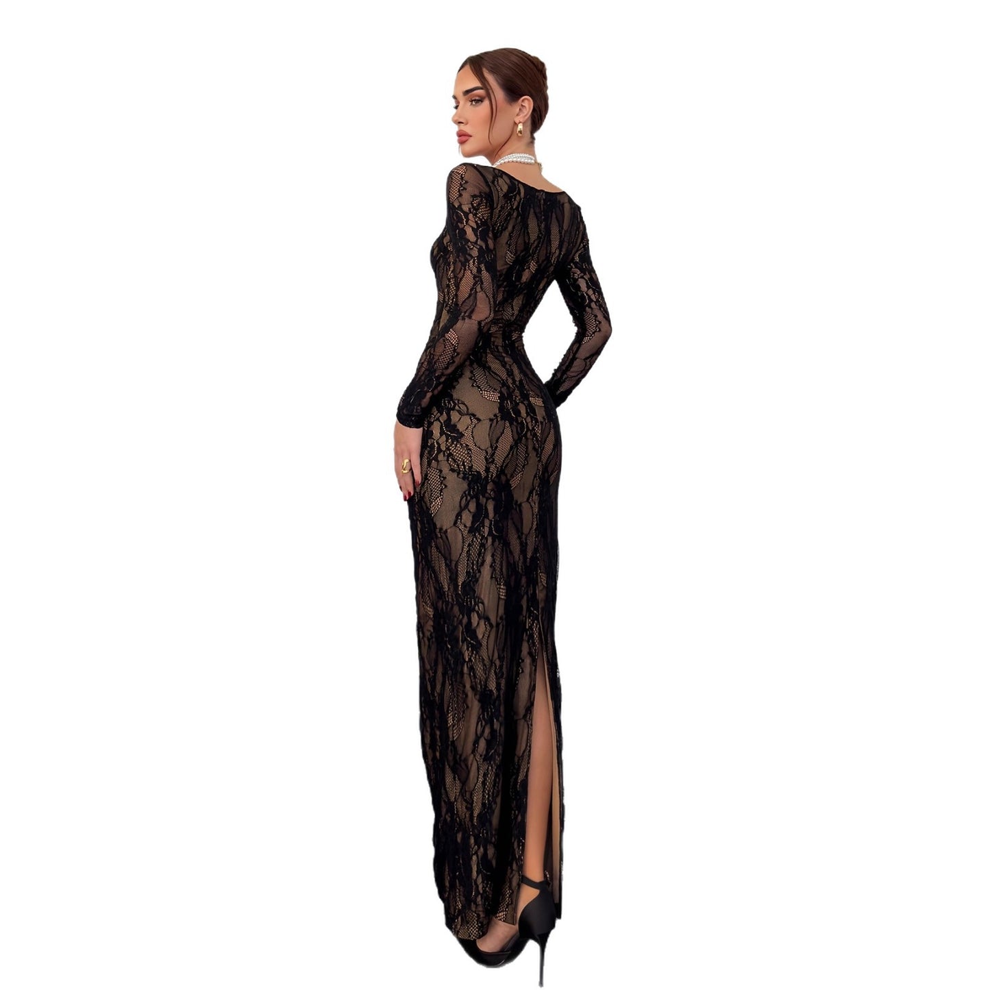 Women's Lace Stitching Back Zipper Slim Fit Slit Dresses