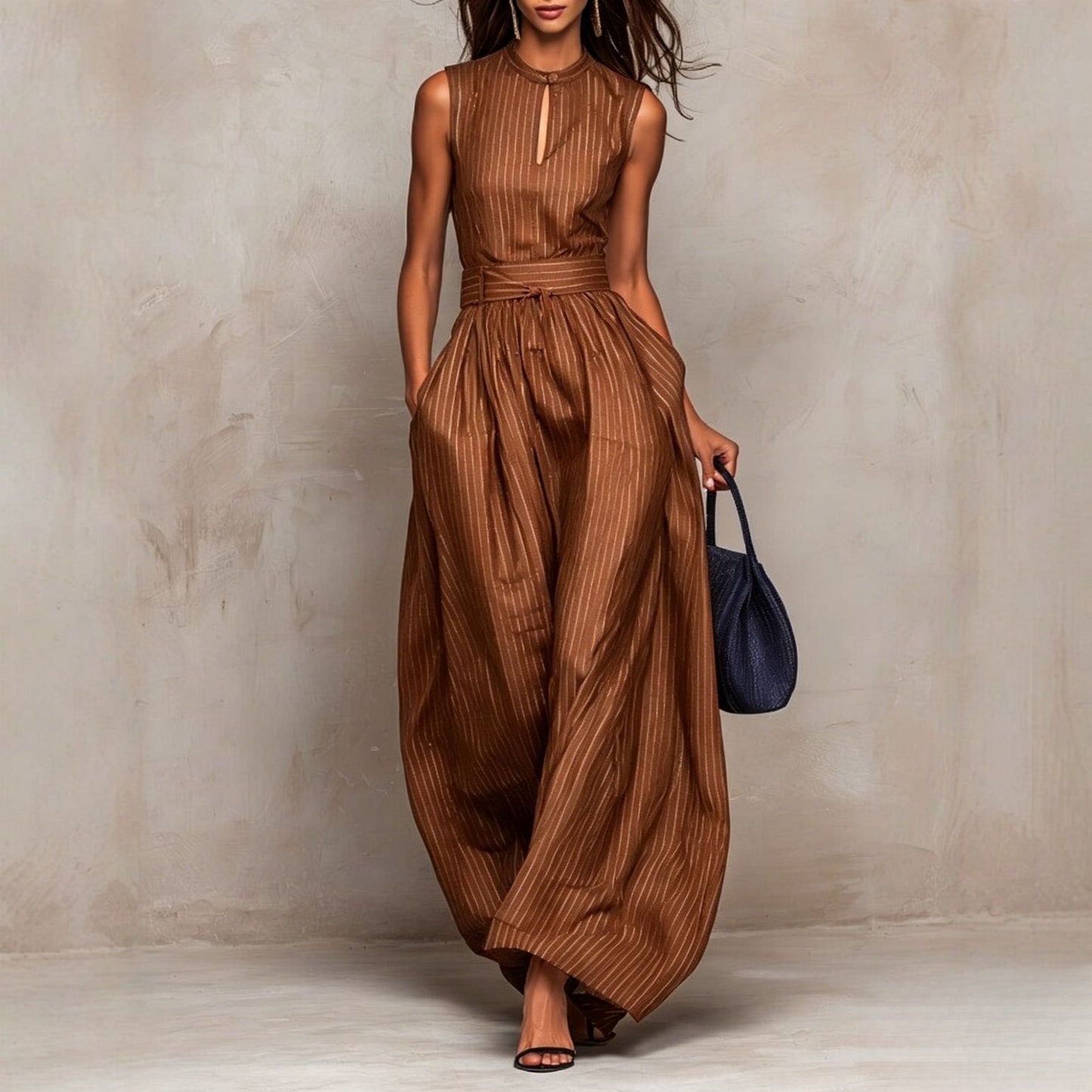 Women's Deep Blue Stripes Sleeveless Waist Wide Leg Long Graceful Women's Jumpsuit/clothing