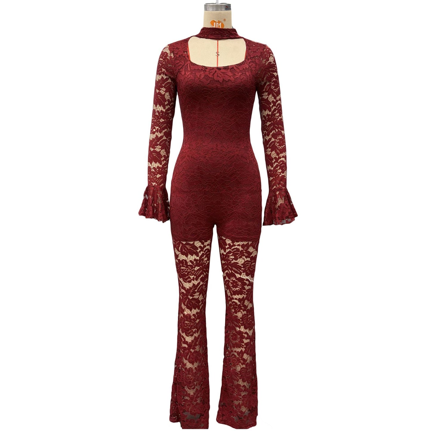 Women's Color Sexy Cutout Flared Long Sleeve Waist Jumpsuits