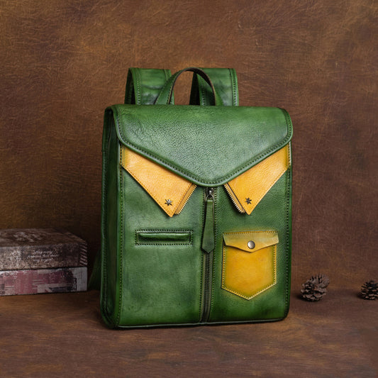 Men's Leather Layer Cowhide Texture Creative Contrast Color Traveling Backpacks