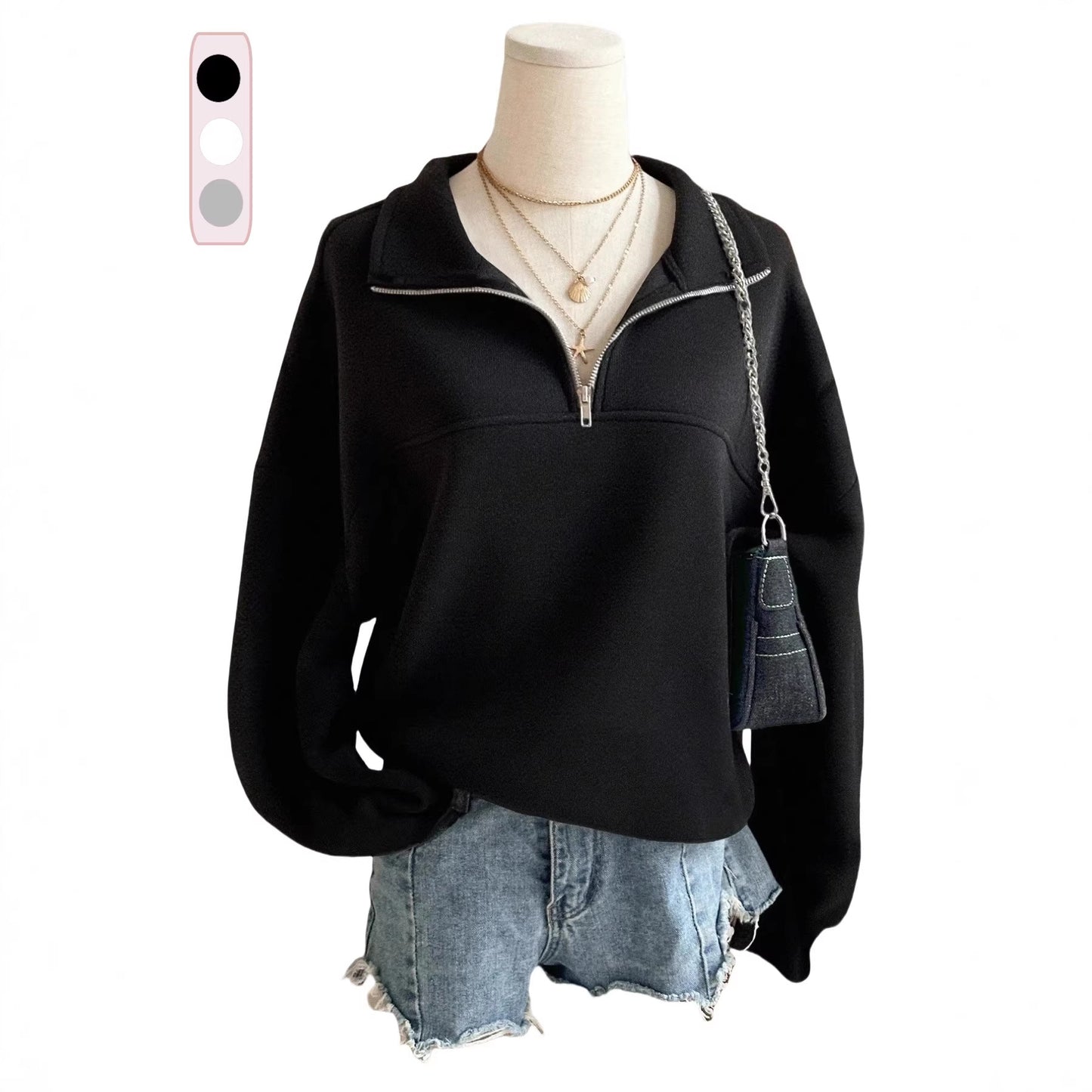 Solid Color Fleece Lapel Half Zipper Fashion Women's Sweater, Sweater