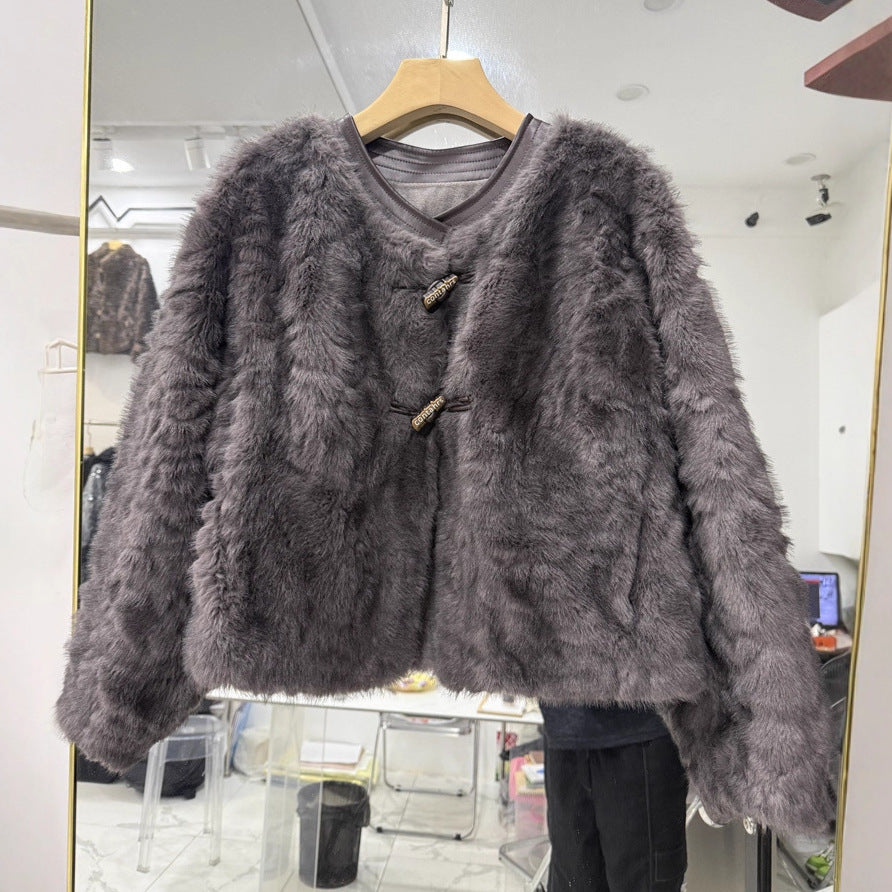 French Design Temperament Crew Neck Furry Imitation Coats