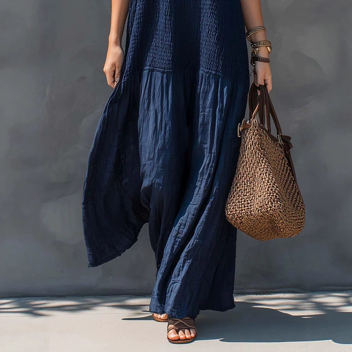 Retro Bohemian Style Backless Smocking Design Strap Long Dress