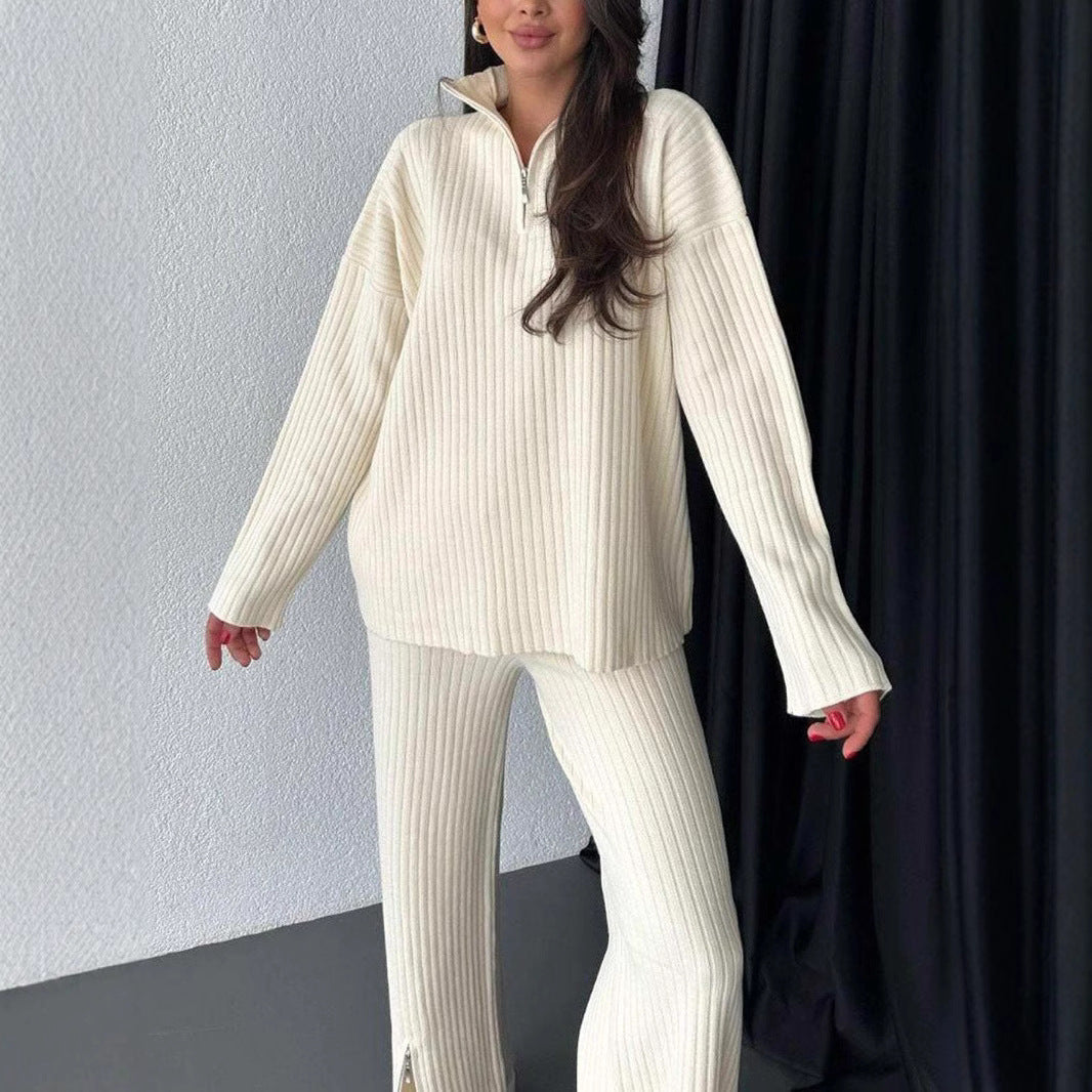Women's Autumn Solid Color Zipper Knitting High Neck Suits